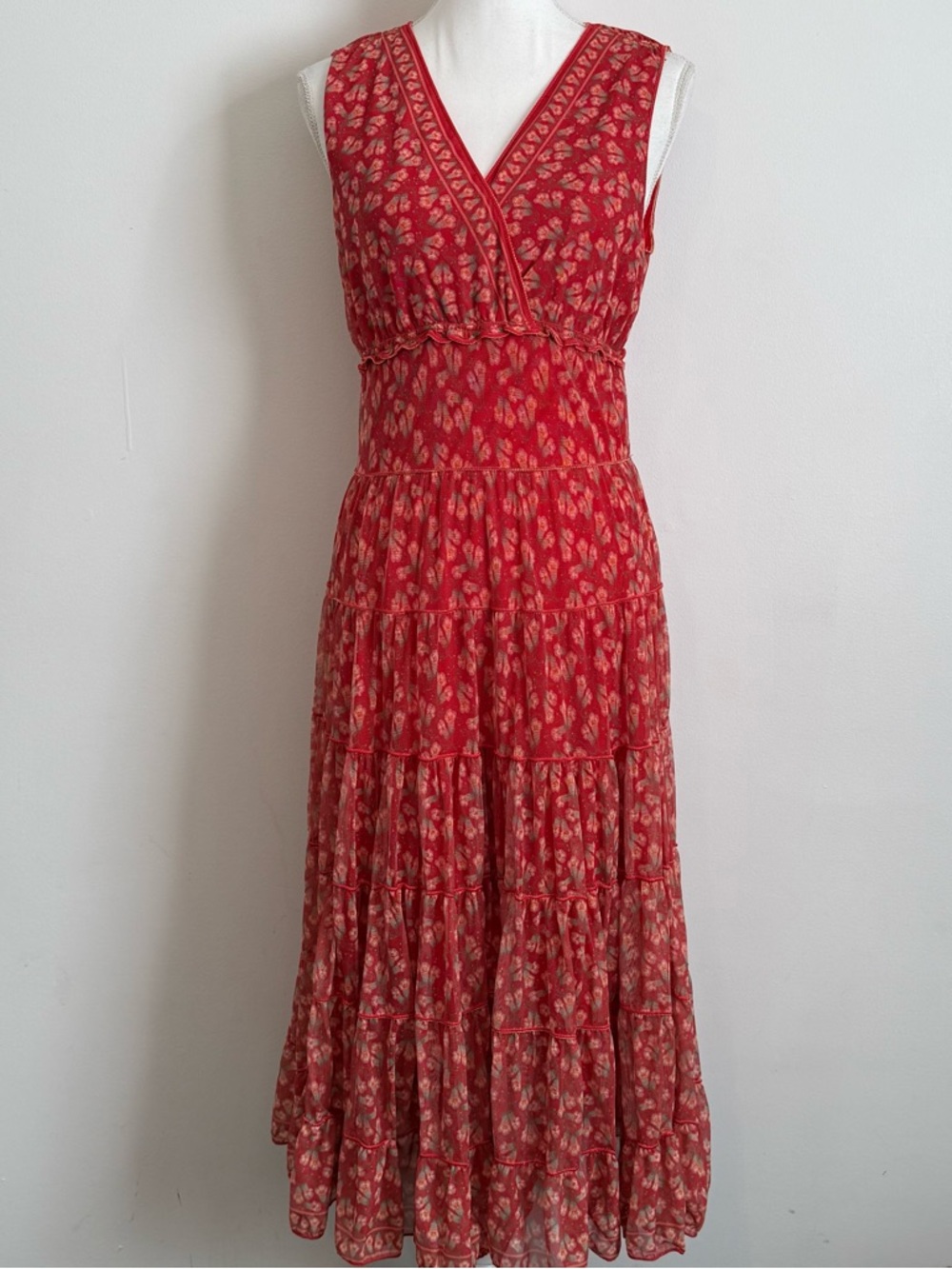 Max Studio Red Floral Tiered Midi Dress